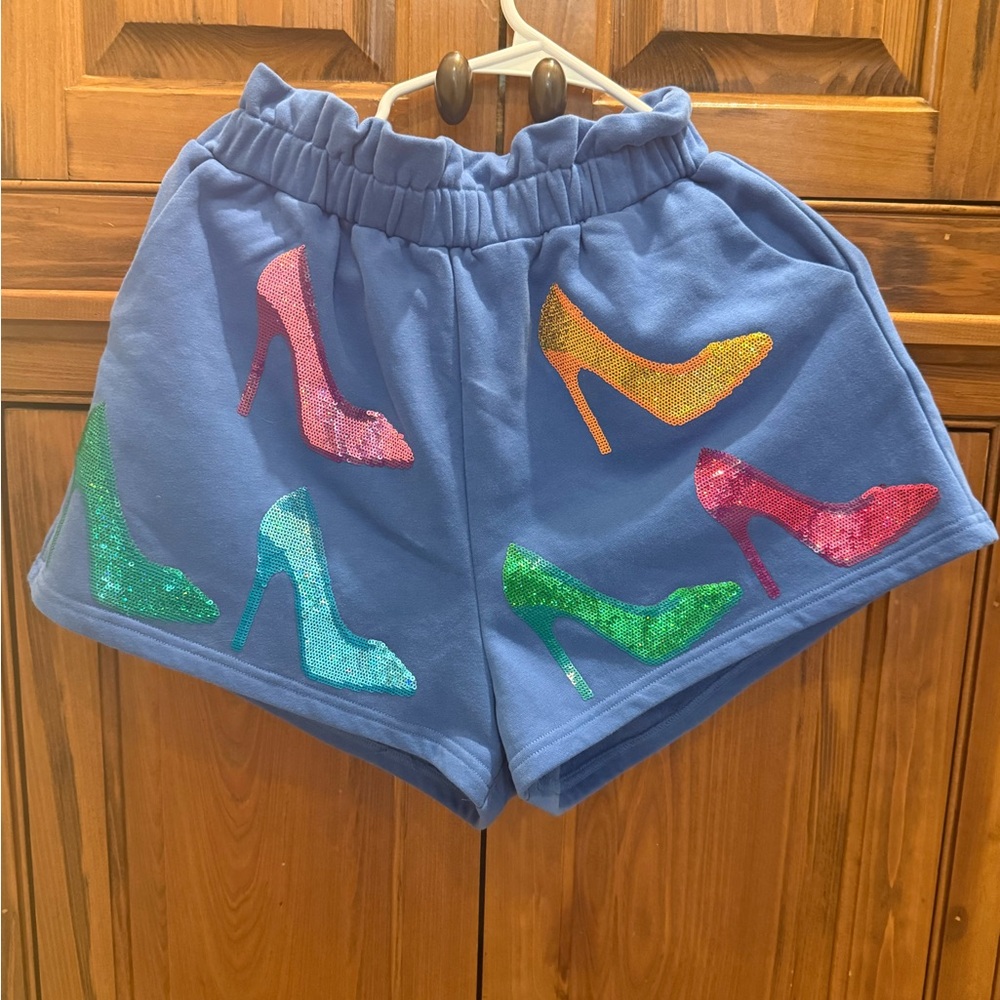 QUEEN OF SPARKLES Blue Shorts with Multicolor Sequin High-Heel Appliques